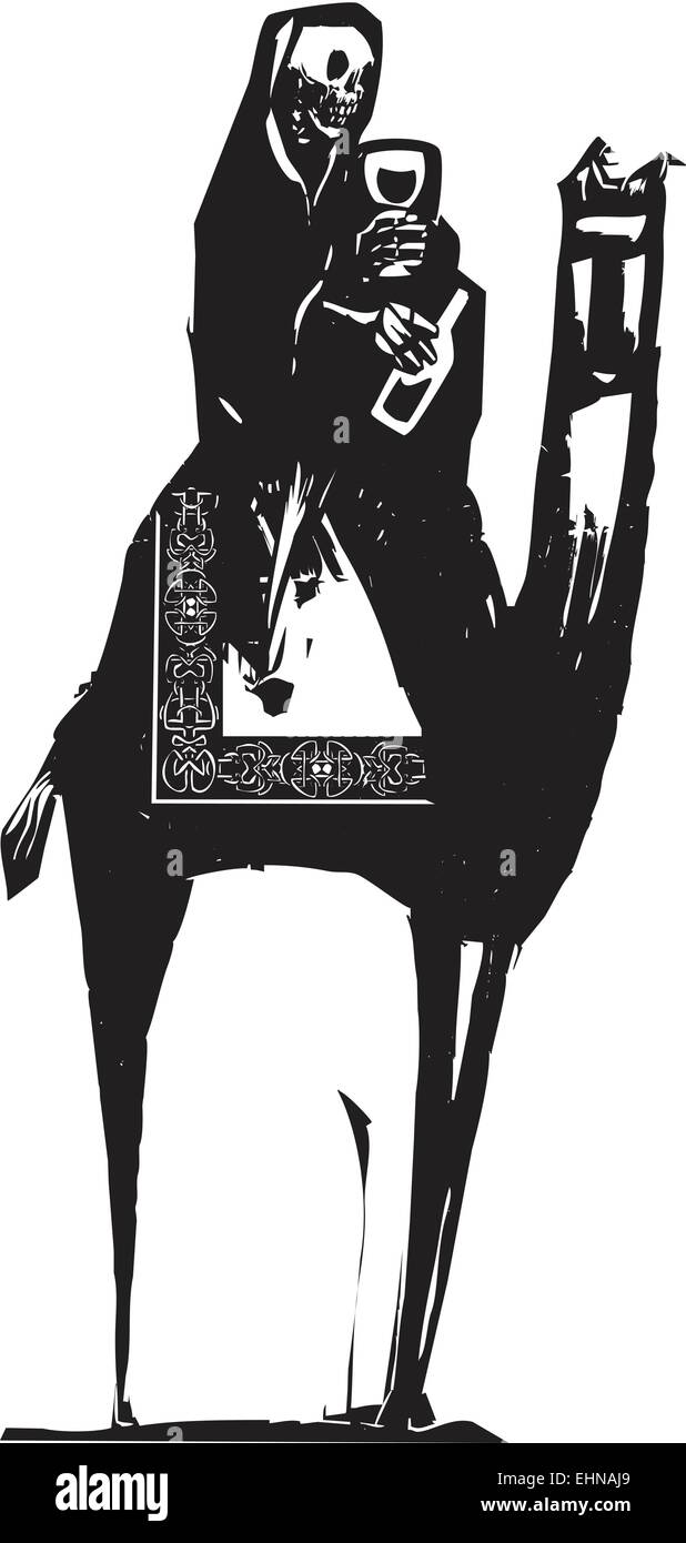 Woodcut style image de la mort de boire du vin et monté sur un chameau. Illustration de Vecteur