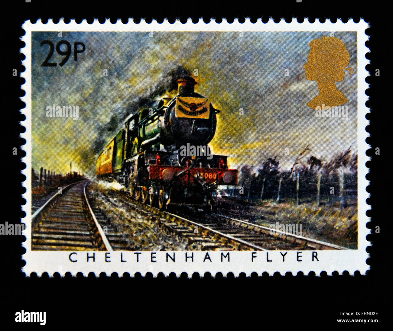 Timbre-poste. La Grande-Bretagne. La reine Elizabeth II. 1985. Les Trains célèbres. 'Cheltenham Flyer'. Great Western Railway. 29p. Banque D'Images