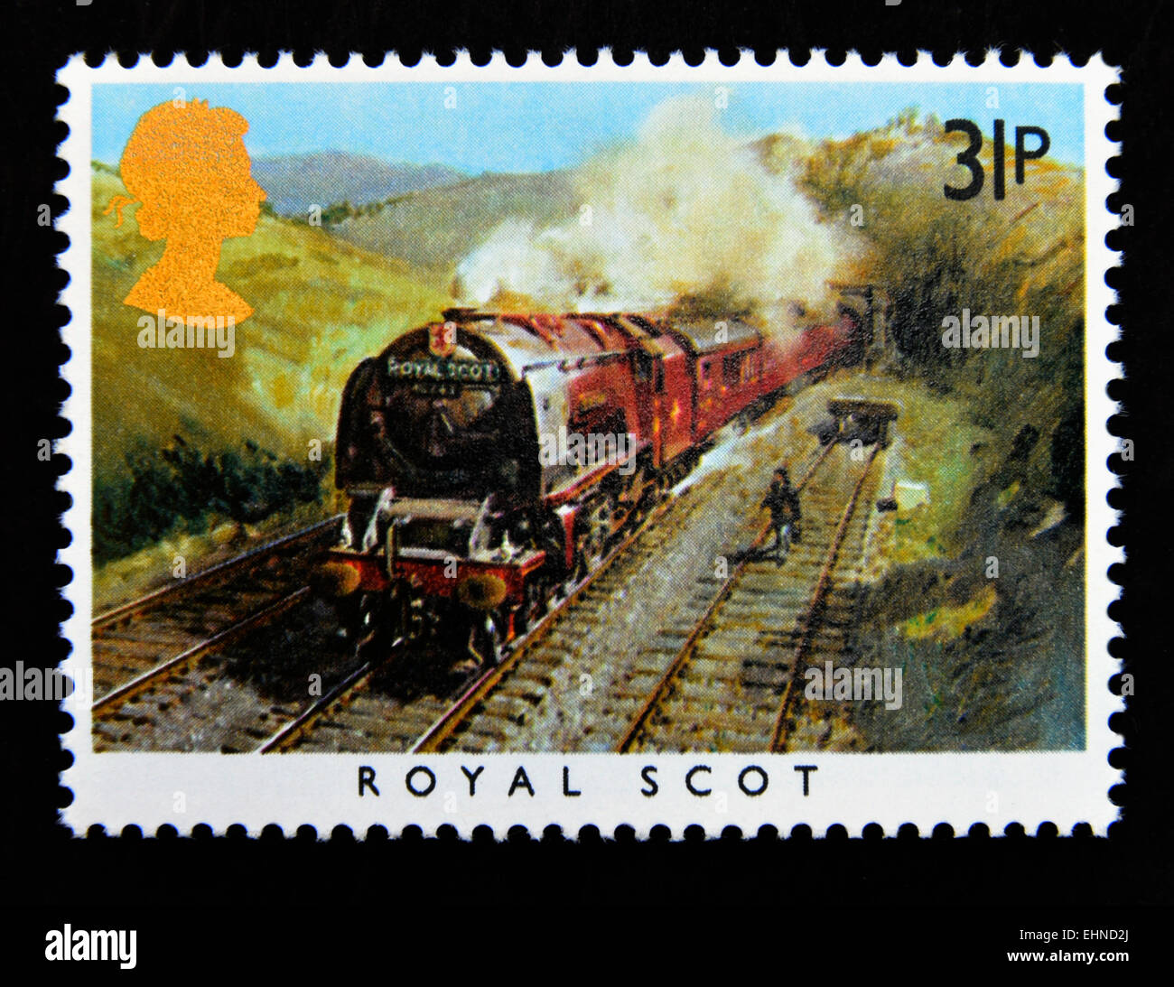 Timbre-poste. La Grande-Bretagne. La reine Elizabeth II. 1985. Les Trains célèbres. 'Royal Scot'. London, Midland and Scottish Railway. 31p. Banque D'Images