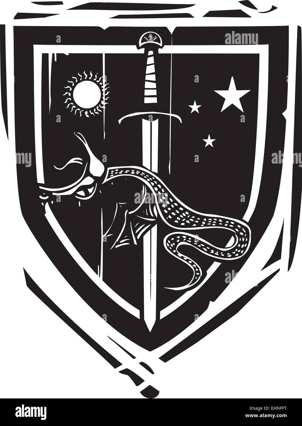Bouclier héraldique style gravure sur bois avec un dragon empalé sur une épée Illustration de Vecteur