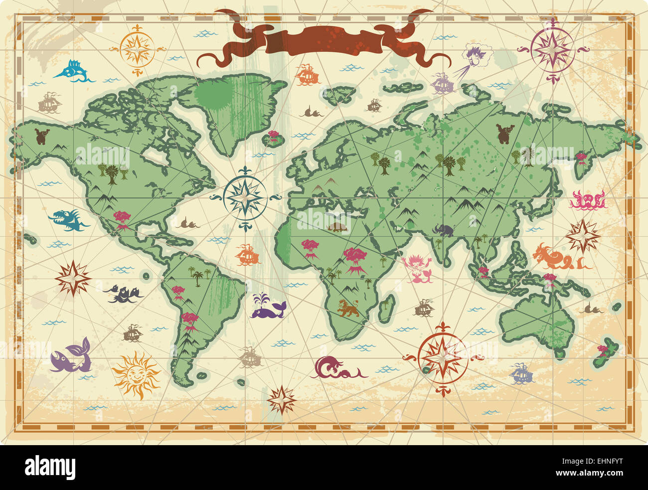 Ancienne carte du monde en couleur Banque D'Images