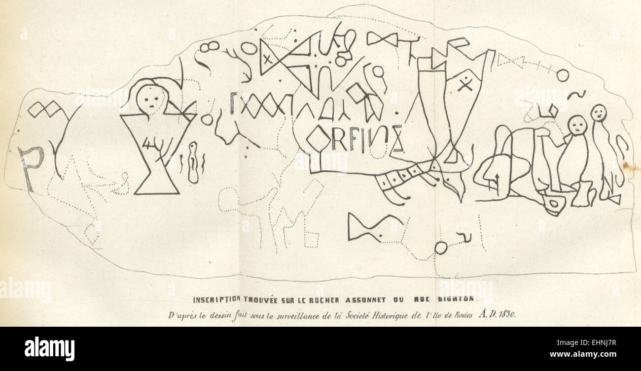 Cette illustration de 1844 par Wheaton représente la pierre de Dighton, un site pétroglyphe dans le Massachusetts, présentant les sculptures énigmatiques et l'importance historique du site à partir de 1830. Banque D'Images