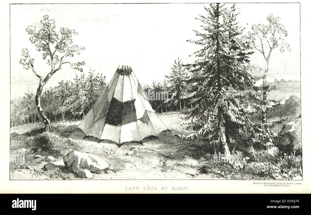 Cette illustration de 1872 de Shairp représente une tente traditionnelle des Laps, un peuple indigène des régions arctiques d'Europe, illustrant leur mode de vie nomade. Banque D'Images Cette illustration de 1872 de Shairp représente une tente traditionnelle des Laps, un peuple indigène des régions arctiques d'Europe, illustrant leur mode de vie nomade. Banque D'Images