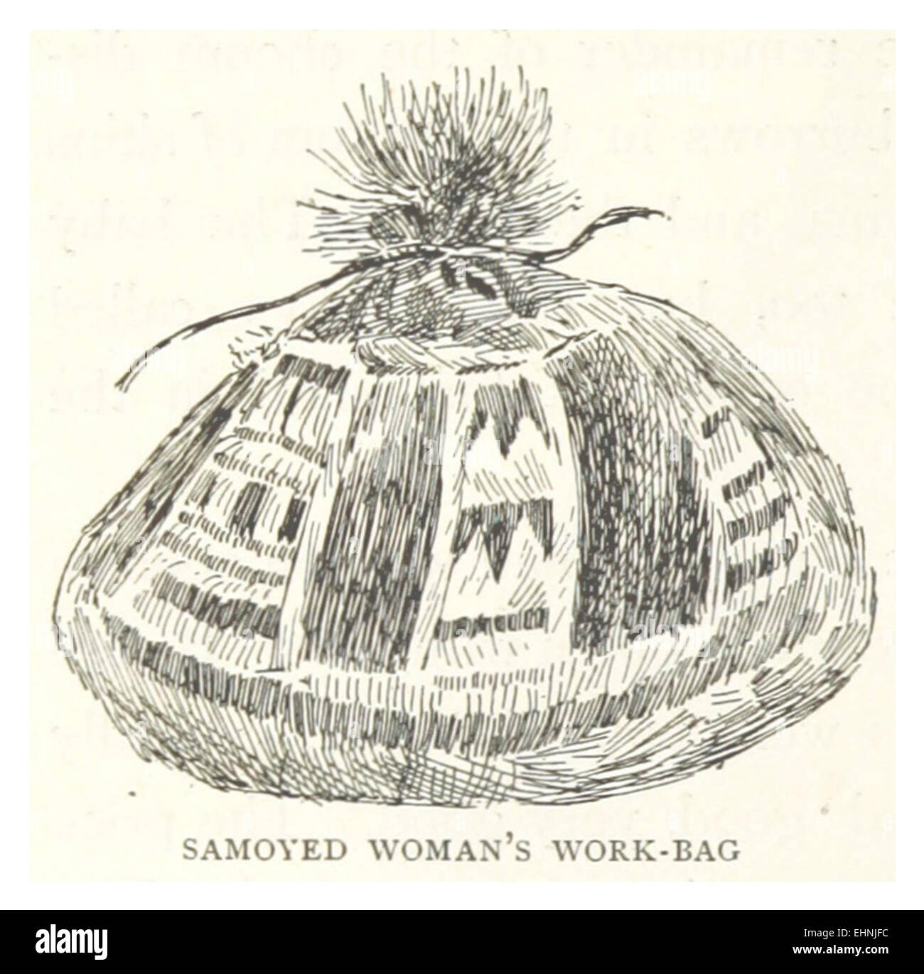 Une illustration de TB datant de 1895, représentant le sac de travail d’une femme Samoyed. Cette image donne un aperçu de l'artisanat traditionnel des Samoyed et de leur vie quotidienne. Banque D'Images