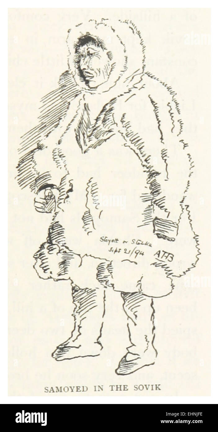 Une illustration de 1895 montrant un chien Samoyed dans la région soviétique, soulignant le rôle de cette race dans les régions arctiques et son interaction avec les environnements locaux. Banque D'Images