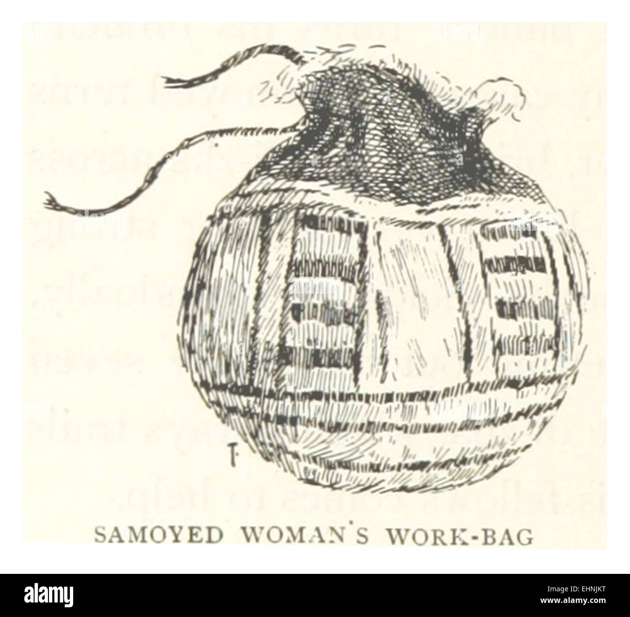 Une illustration de 1895 représentant le sac de travail d’une femme samoyed, mettant en valeur un aspect de la culture indigène sibérienne et la vie quotidienne du peuple samoyed. Banque D'Images