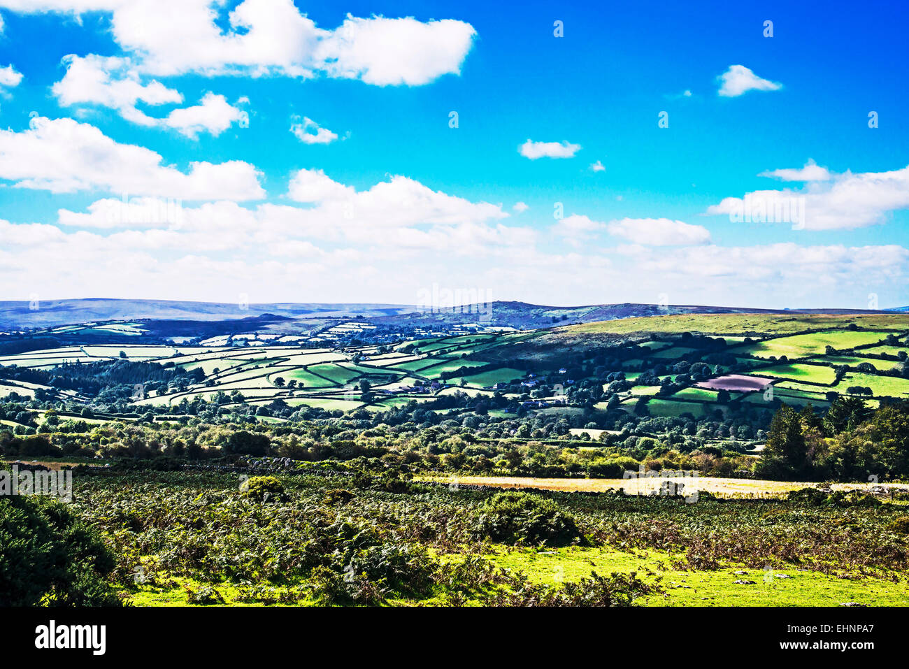 Le Dartmoor, dans le Devon, Angleterre du Sud, vue sur Widecombe dans la lande Südengland ; Blick auf Widecombe Banque D'Images