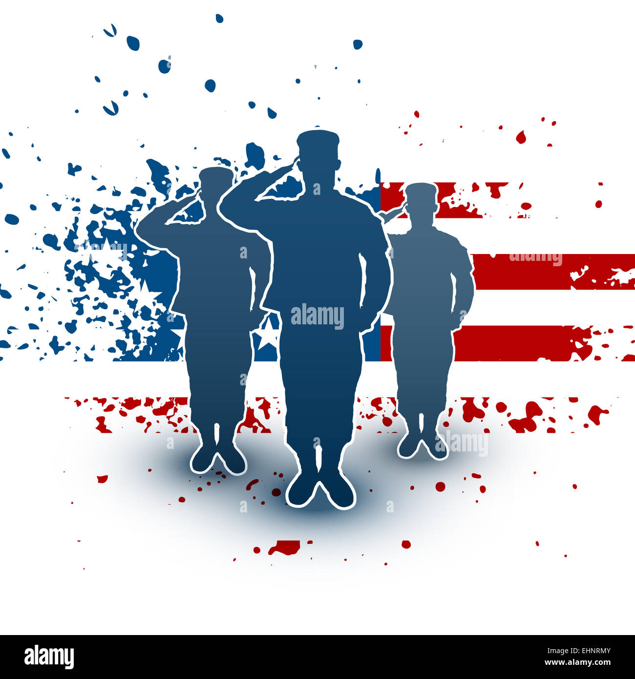 Soldats salut silhouette sur fond drapeau américain Banque D'Images