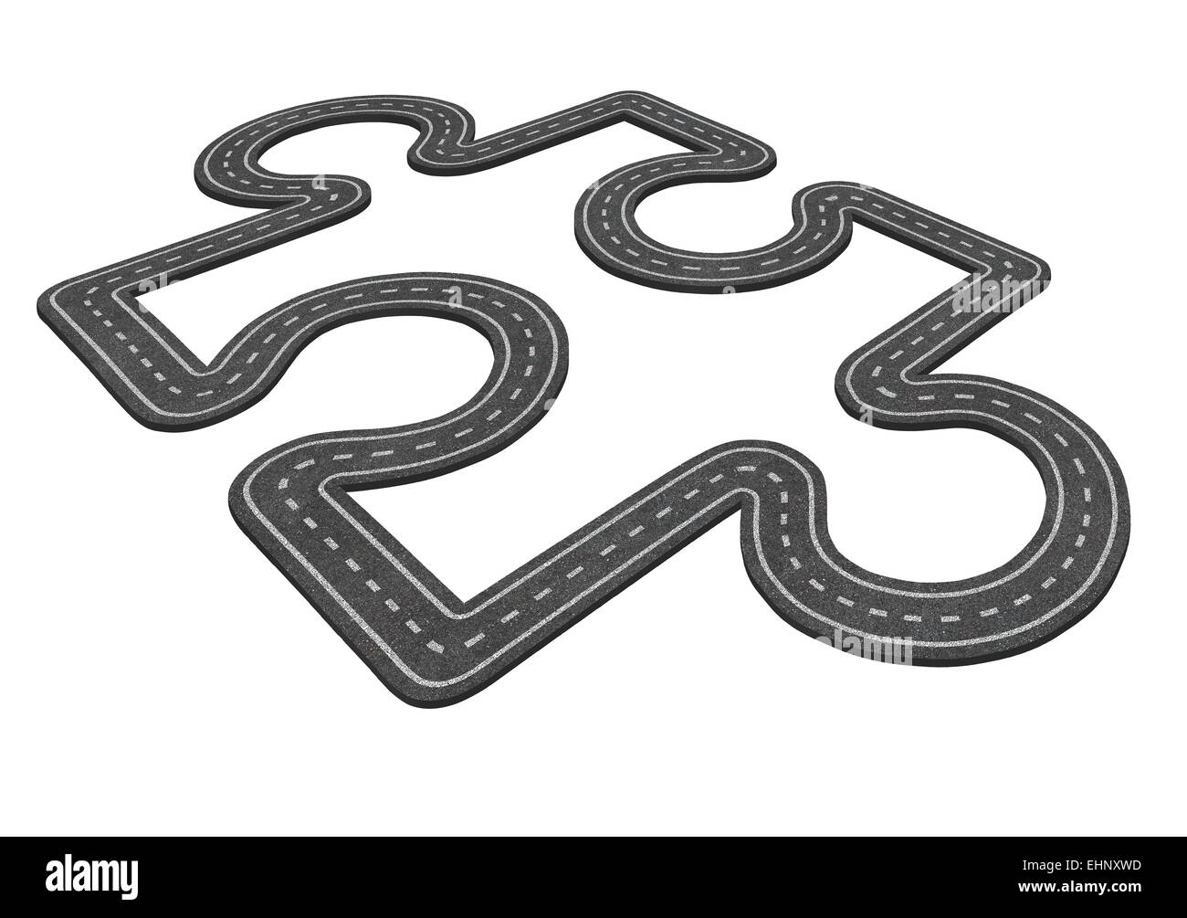 Puzzle road concept comme un symbole et l'icône de l'entreprise de transport pour le développement économique comme une route asphaltée en forme de pièce de puzzle isolé sur un fond blanc. Banque D'Images
