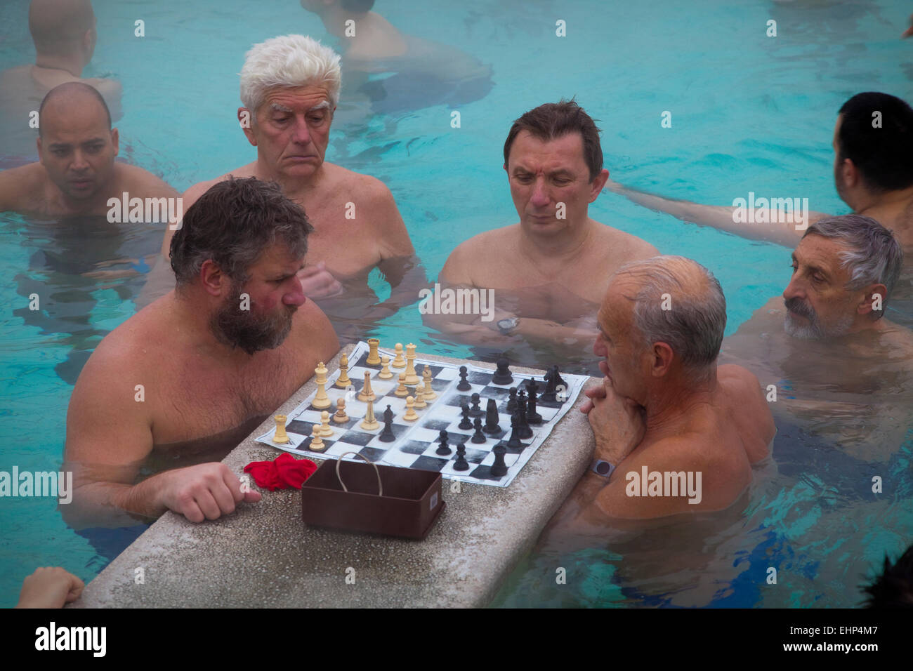 Les hommes jouant aux échecs dans les thermes de Szechenyi, Budapest, Hongrie Banque D'Images