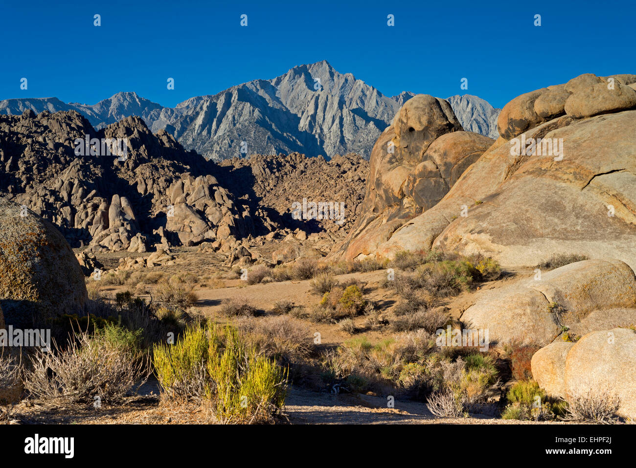 Le Mont Whitney, vue de l'Alabama Hills près de Lone Pine, en Californie. L'endroit était l'un des préférés de TV et de films western. Banque D'Images