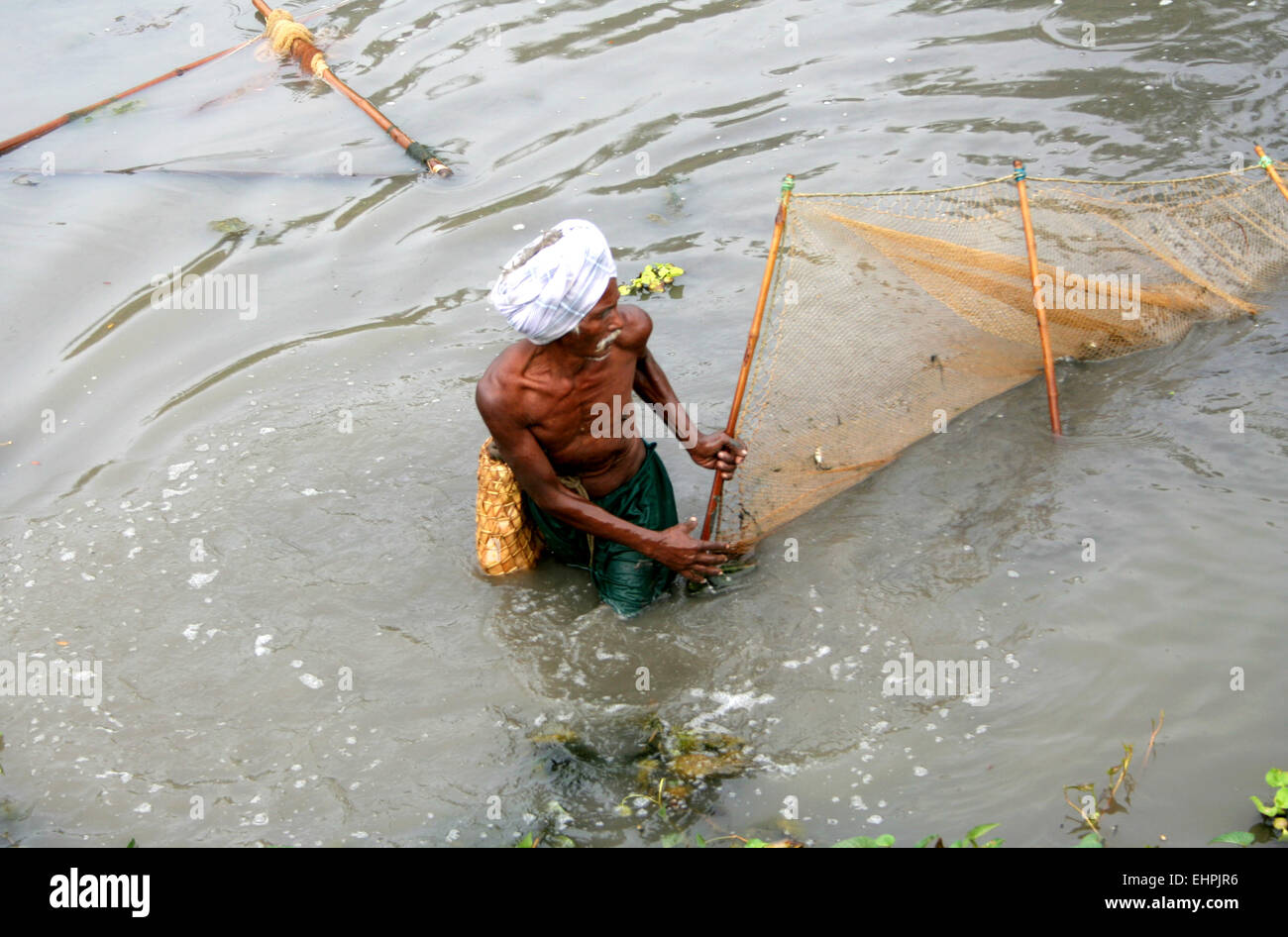 Un filet de pêcheur de la manière traditionnelle de prendre du poisson dans l'eau du canal d'irrigation sur février 15,2012 dans Nandivada,AP,Inde. Banque D'Images