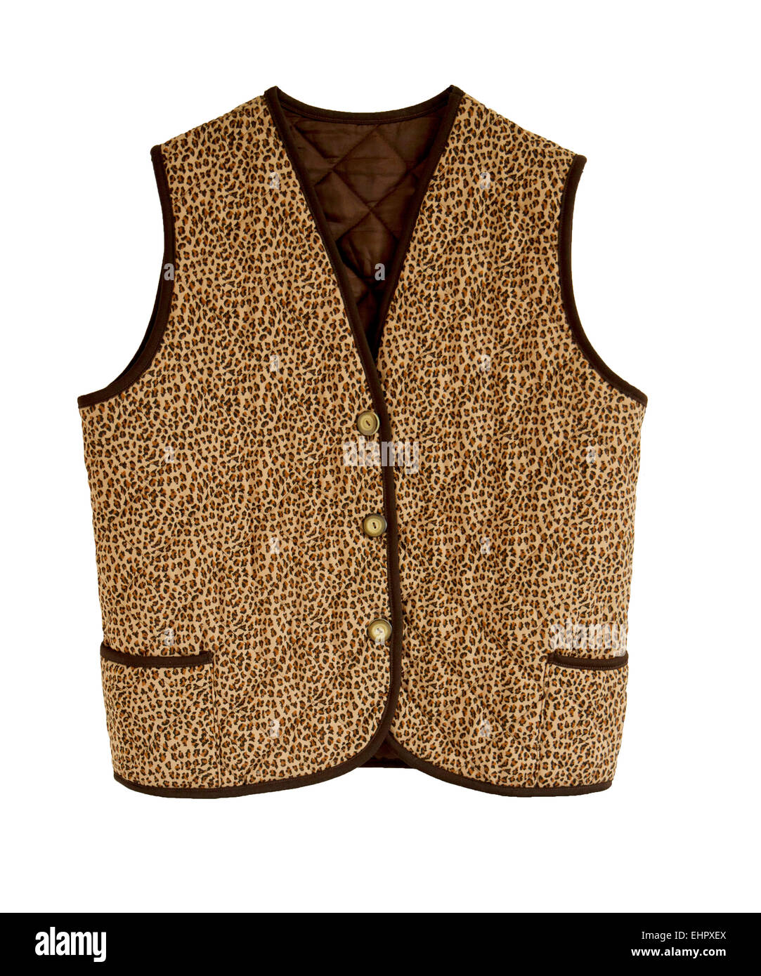 Une veste matelassée sans manches animalier avec des boutons et des frontières brun blanc en isolé Banque D'Images