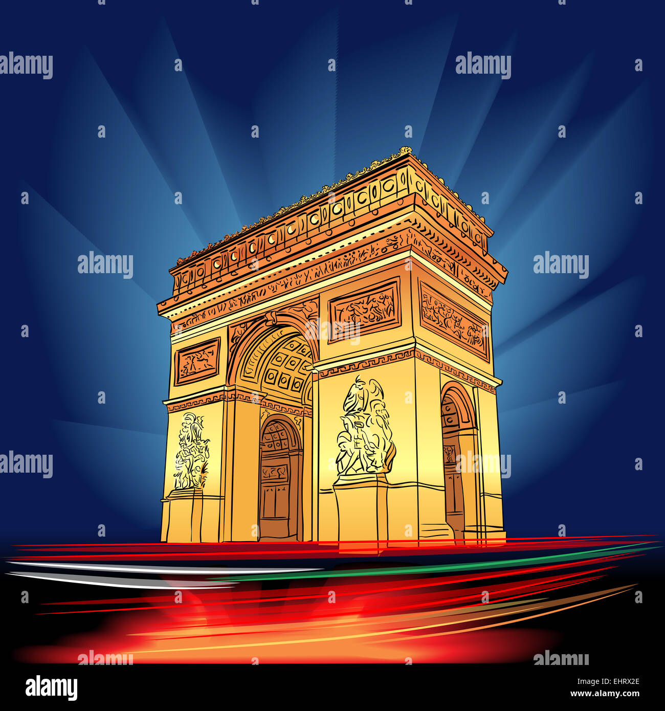 Vector l'Arc de Triomphe Paris la nuit Banque D'Images