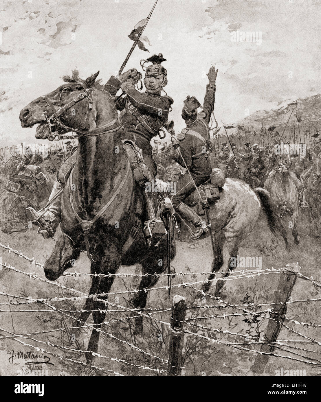La cavalerie allemande, les uhlans, des barbelés érigés par les Belges pour arrêter leur avance au cours de la Première Guerre mondiale. Banque D'Images