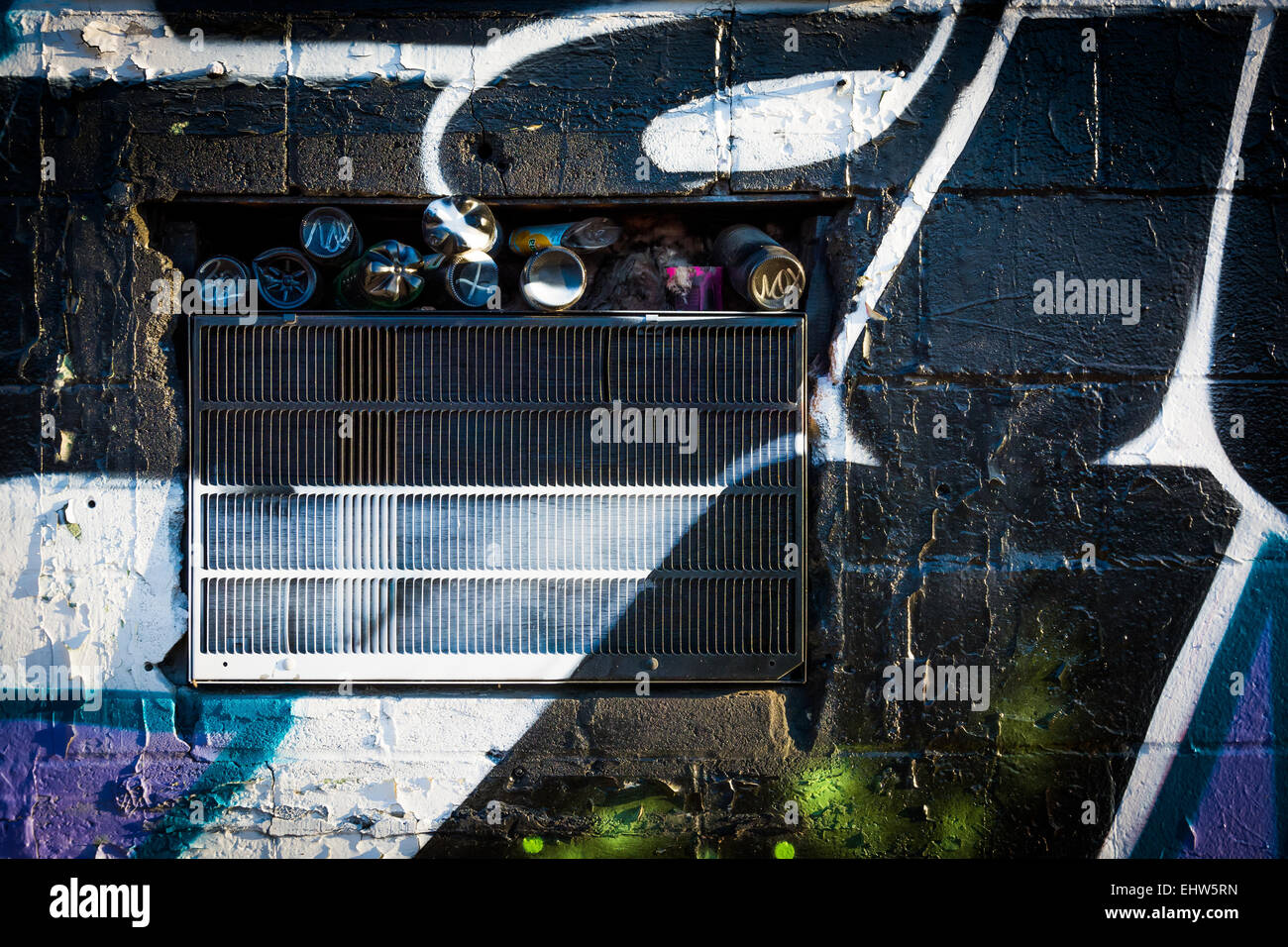 Corbeille dans un trou dans un mur de graffiti à Alley, Baltimore, Maryland. Banque D'Images