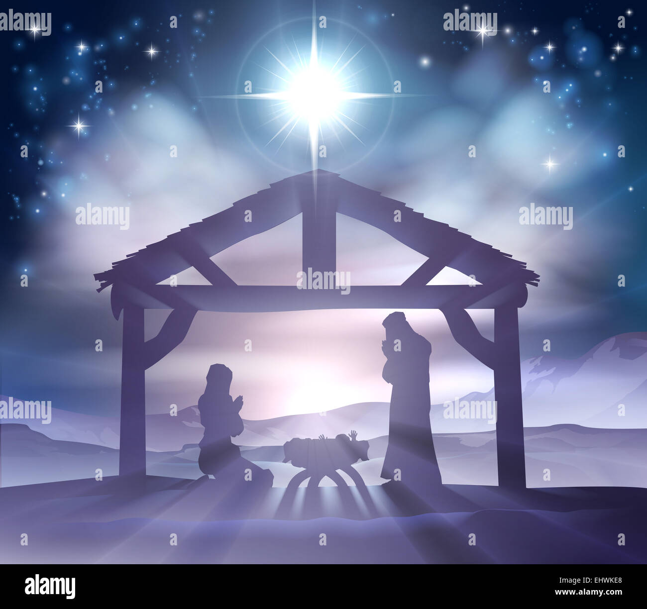 Crèche de Noël chrétien traditionnel de l'enfant Jésus dans la crèche avec Marie et Joseph en silhouette Banque D'Images
