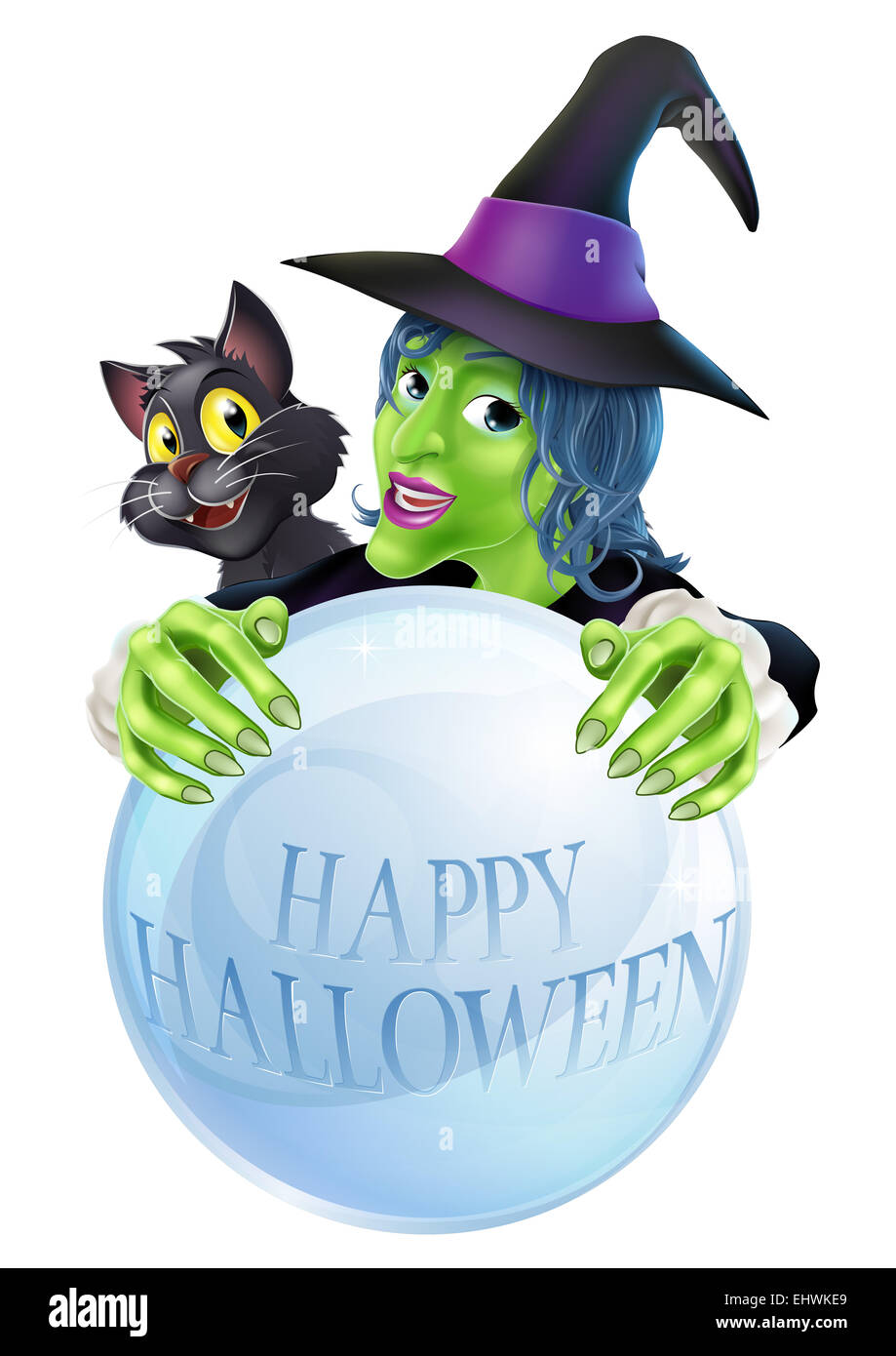 Un dessin animé sorcière chat noir et big boule de cristal avec Happy Halloween sur la boule de cristal Banque D'Images