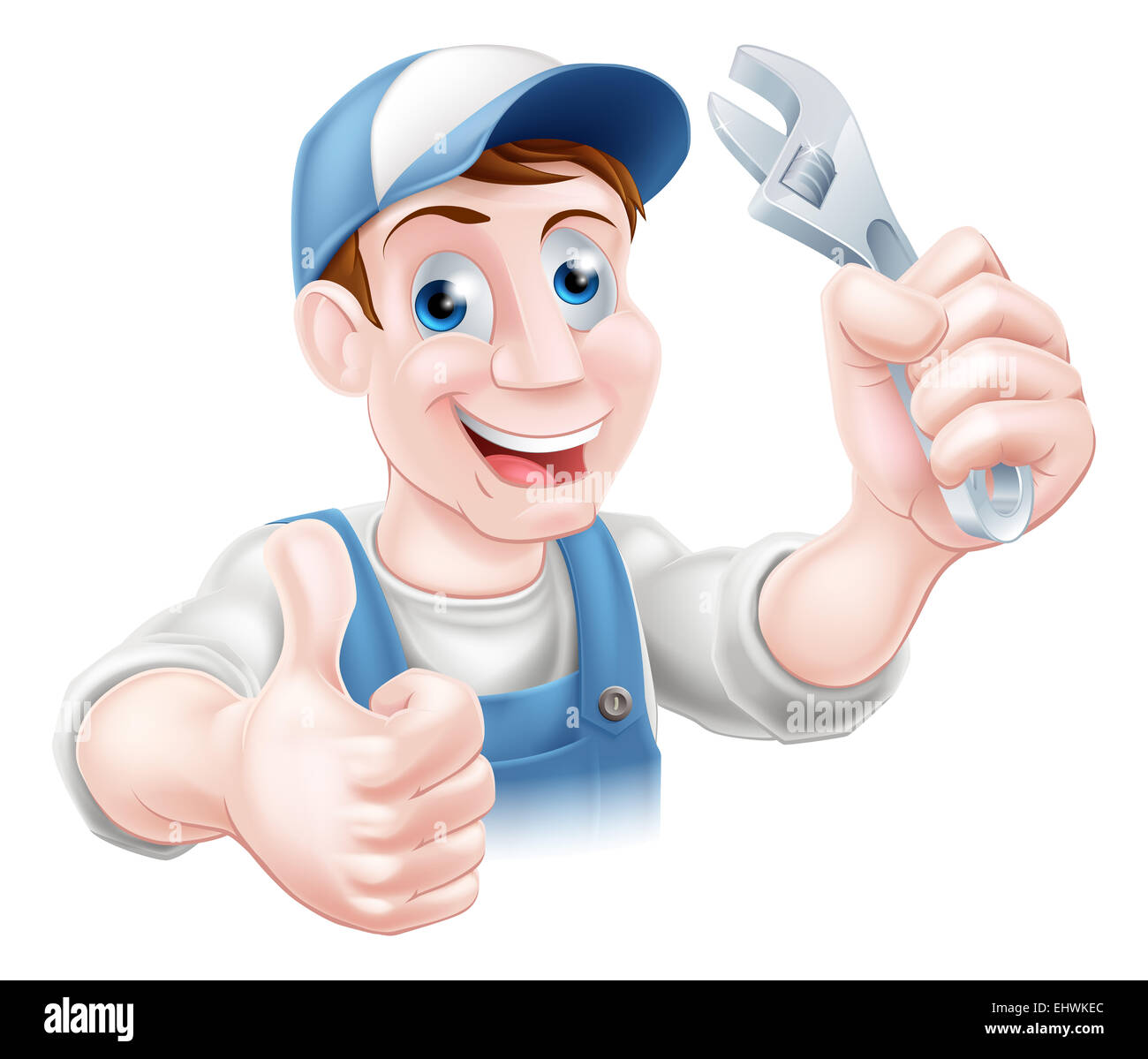 Un plombier ou mécanicien en baseball cap tenant une clé et de donner un coup de pouce Banque D'Images