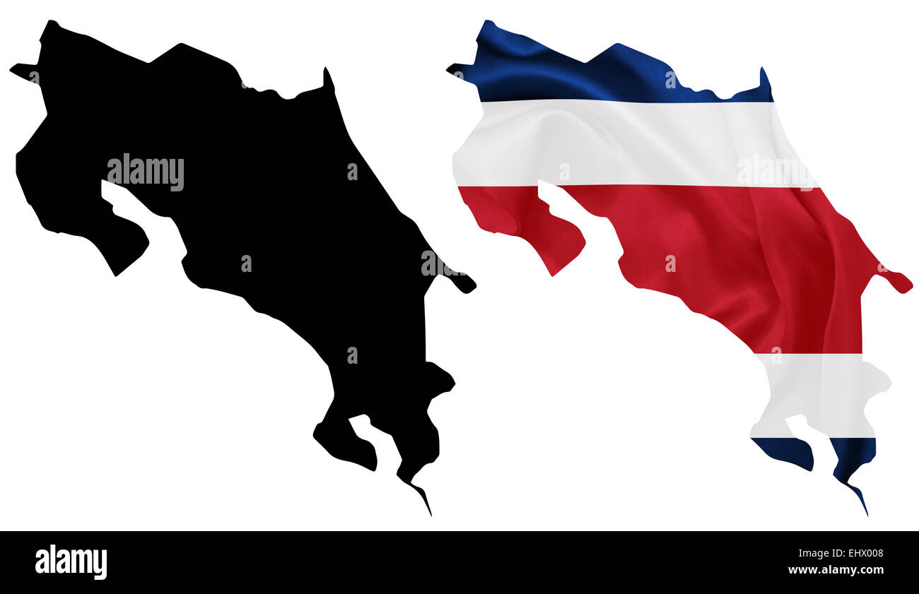 Costa Rica - drapeau national en agitant la carte contour avec la texture de la soie Banque D'Images