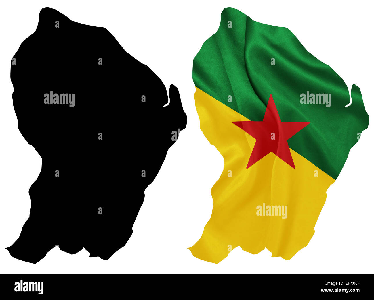 Guyane - drapeau national agitant la carte contour avec la texture de la soie Banque D'Images