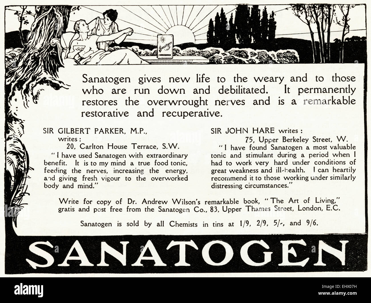 Publicité pour l'alimentation en SANATOGEN tonique époque édouardienne du magazine 1908 Banque D'Images