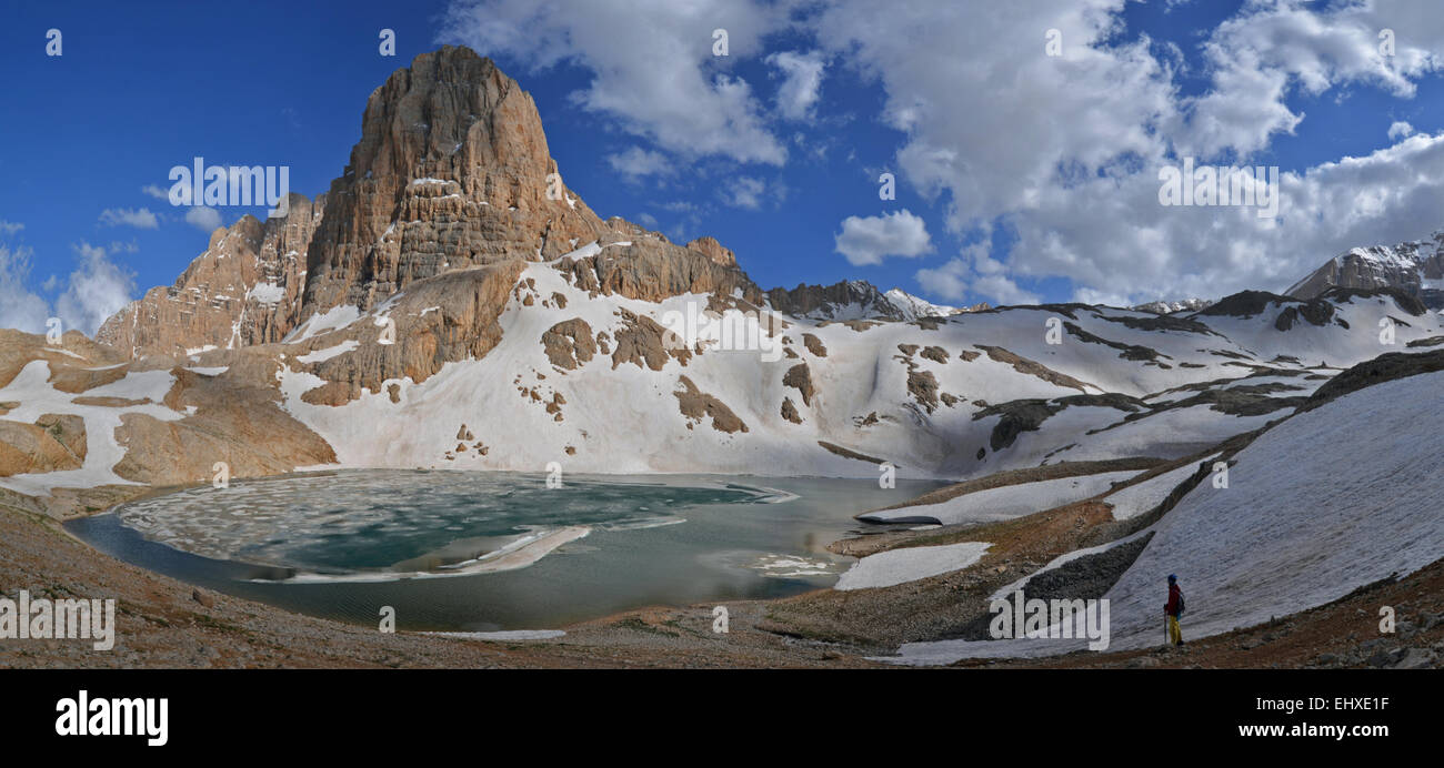Belle de hautes montagnes avec de la neige, lac de montagne avec de la glace. Banque D'Images