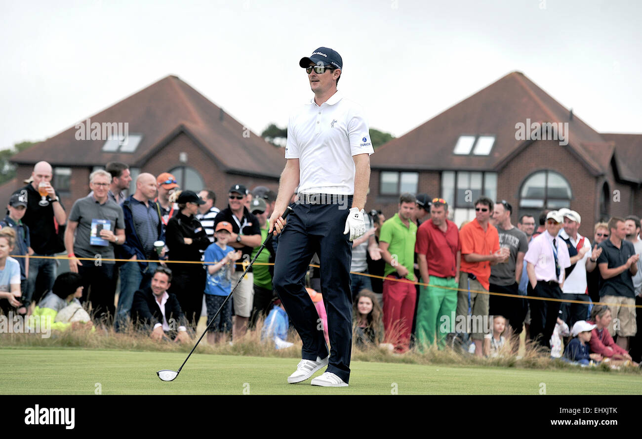 Justin Rose, Liverpool Hoylake Royal 2014 British Open Golf Championship, dernier jour, 18e trou pilote, haut blanc Banque D'Images