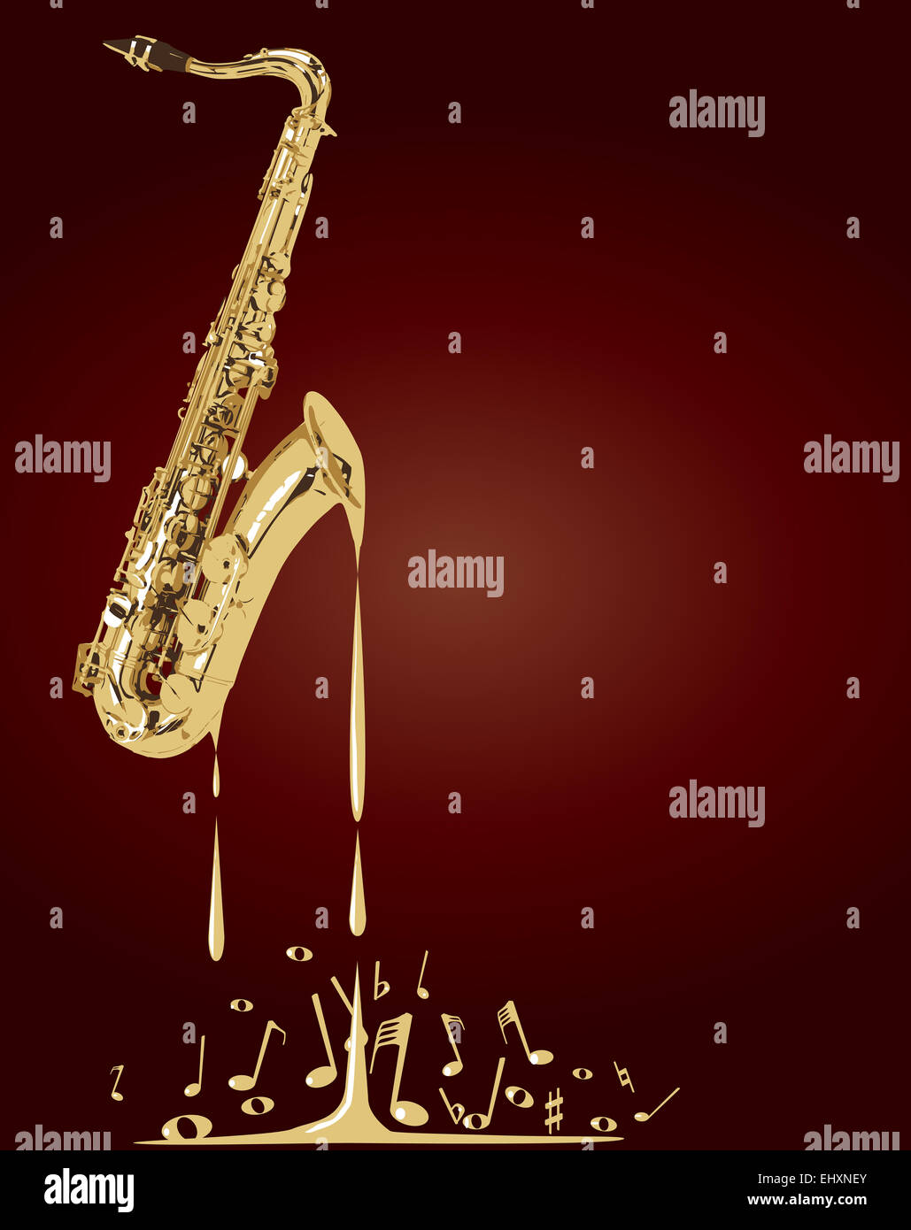 Un saxophone fondre dans des notes de musique sur un fond rouge Banque D'Images