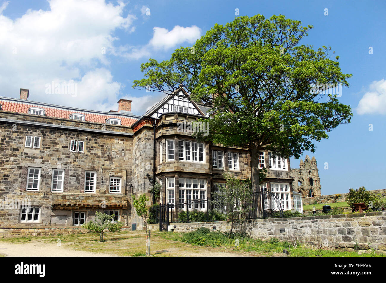 Vue panoramique d'un manoir anglais avec en arrière-plan l'abbaye de Whitby, North Yorkshire, Angleterre. Banque D'Images