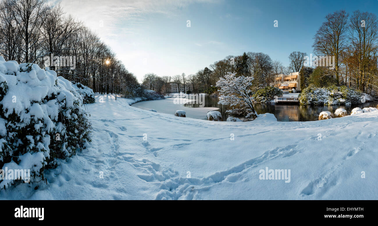 Pays-bas, la Hollande, l'Europe, Wassenaar, Luxe, villa, maison, forêt, bois, arbres, hiver, neige, glace, lac, Banque D'Images