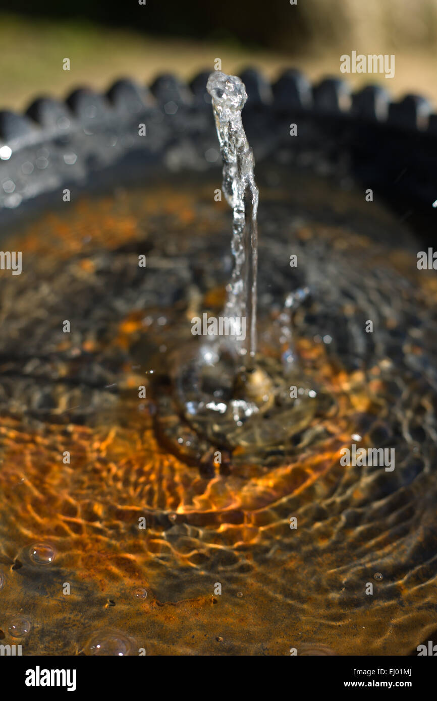 L'eau qui coule d'un robinet dans une fontaine publique et tomber dans une plaque rouillée. Selective focus Banque D'Images