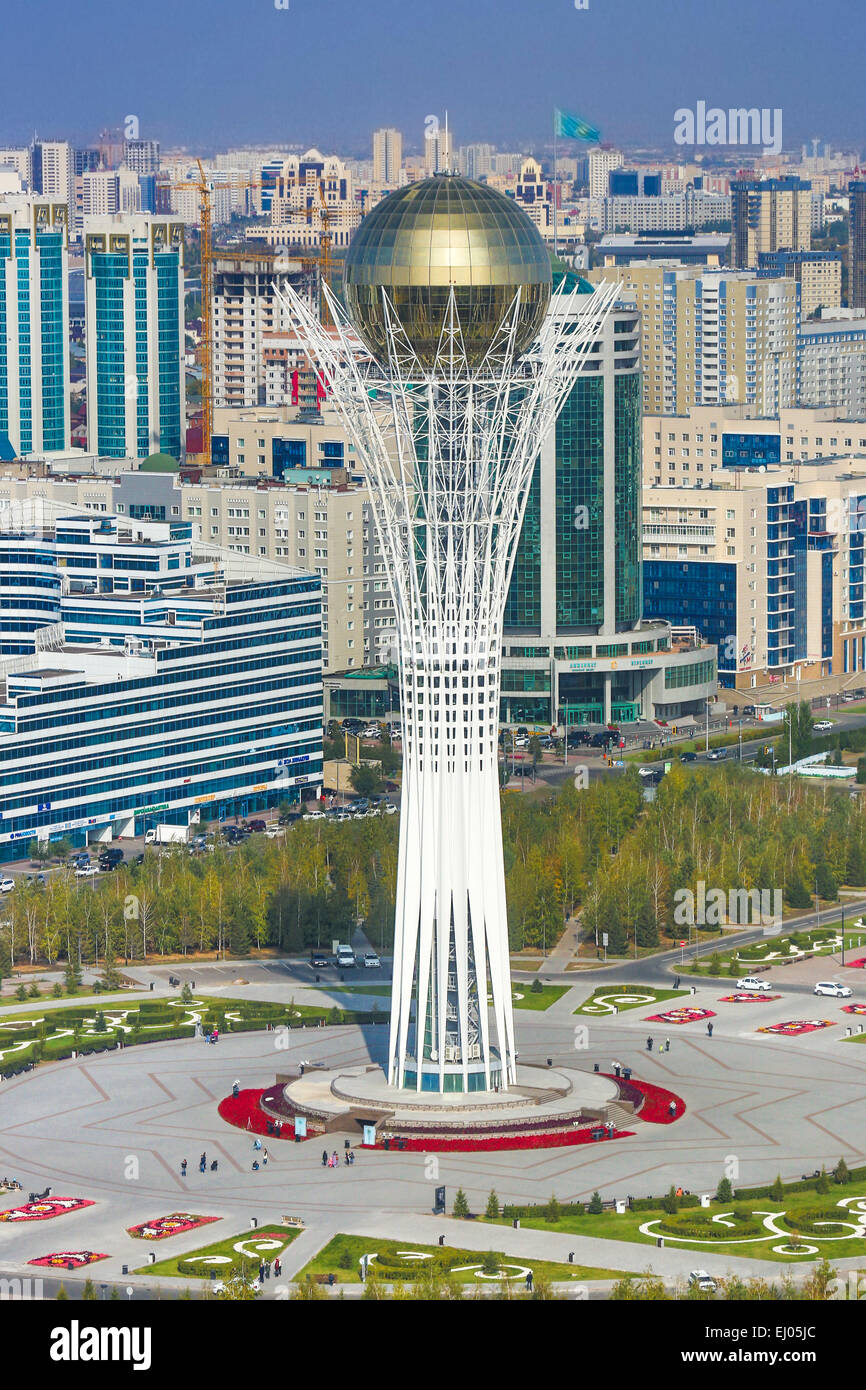 Astana, Avenue, Boulevard, Bayterek, Ville, au Kazakhstan, en Asie centrale, Monument, ville nouvelle, Nurzhol, aérienne, l'architecture, coloré Banque D'Images