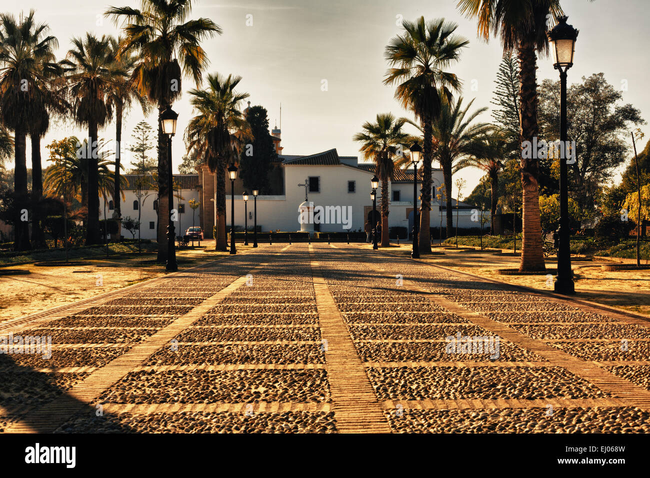 Monastère de La Rabida Gardens au coucher du soleil, Huelva, Espagne Banque D'Images