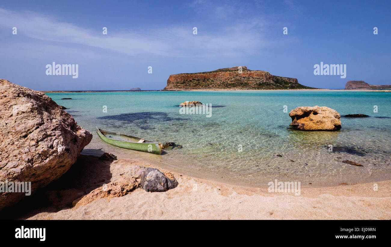 Akrotiri Tigani, Balos, bleu, bateau, bay, Gramvousa, Grèce, Europe, presqu'île,, isle, Crète, paysages côtiers, paysages, lan Banque D'Images