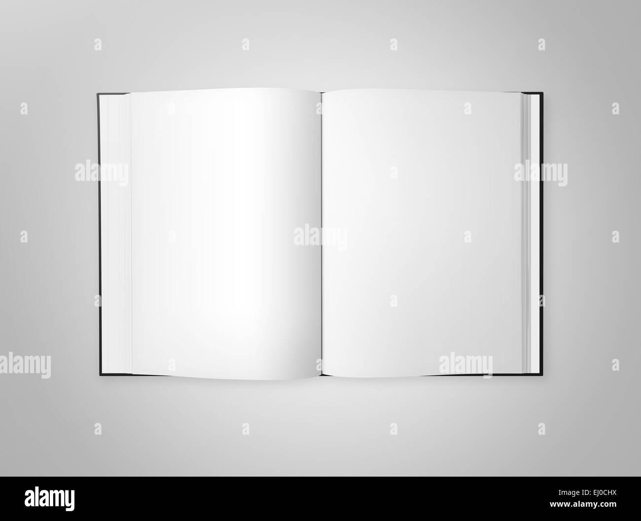 Livre ouvert avec des pages vierges, isolé sur un fond gris. Banque D'Images