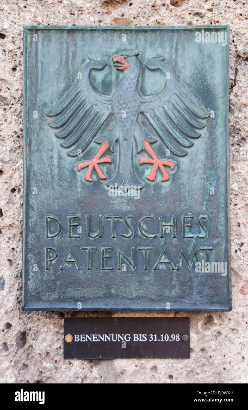 À l'extérieur, la Bavière, l'autorité, l'aigle fédéral, détail, Allemagne, Europe, signe, Munich, Office des brevets, l'Allemagne du Sud, panneau Banque D'Images