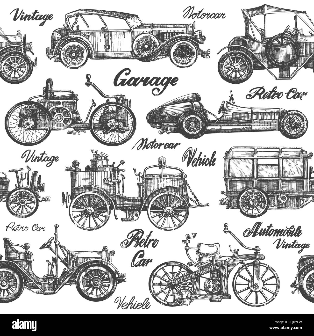 Les voitures. Retro vintage, véhicules sur un fond blanc. croquis Banque D'Images