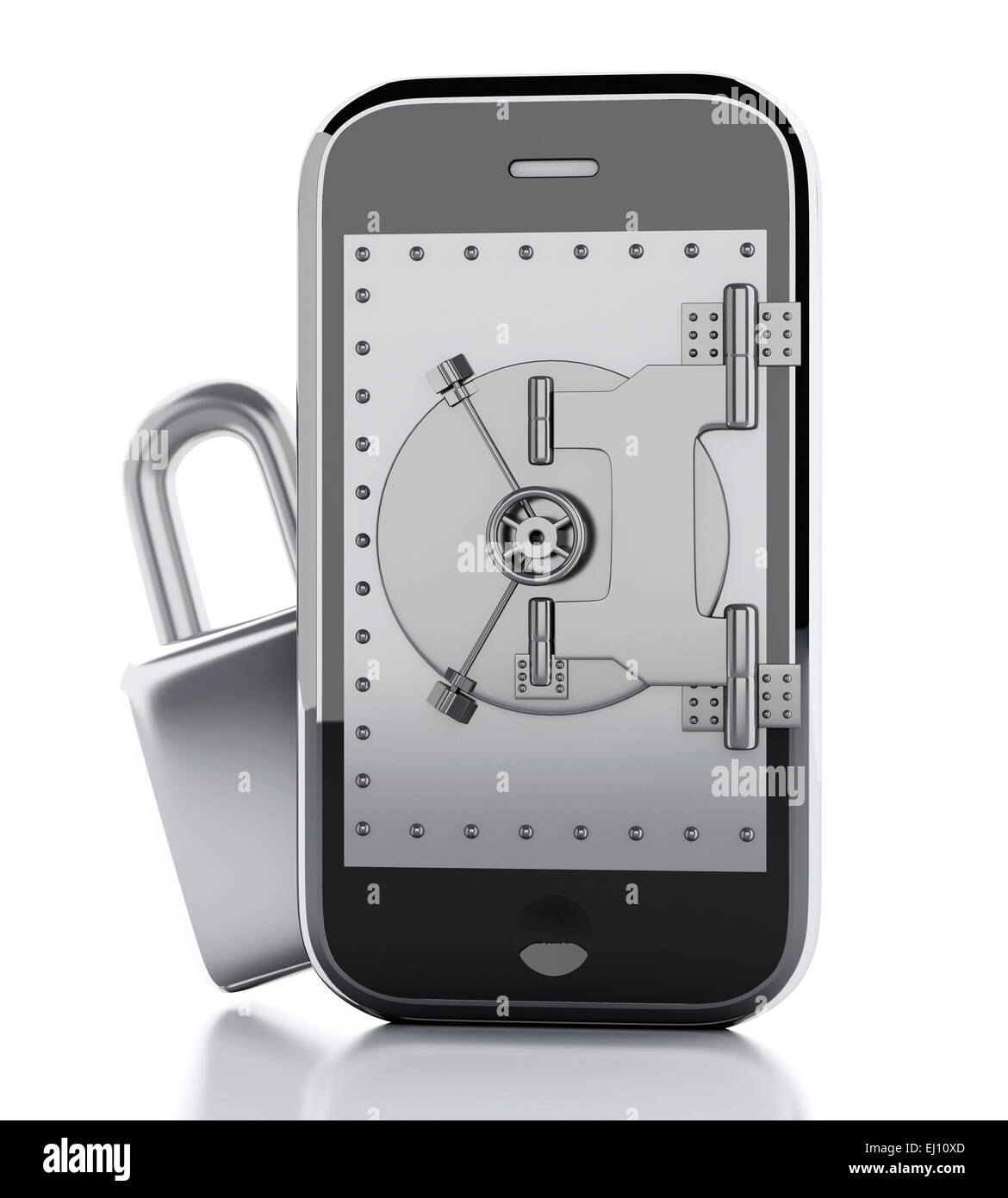 L'image de rendu 3d. Smartphone avec la porte du coffre et d'un cadenas. Concept de sécurité mobile. Isolé sur fond blanc Banque D'Images