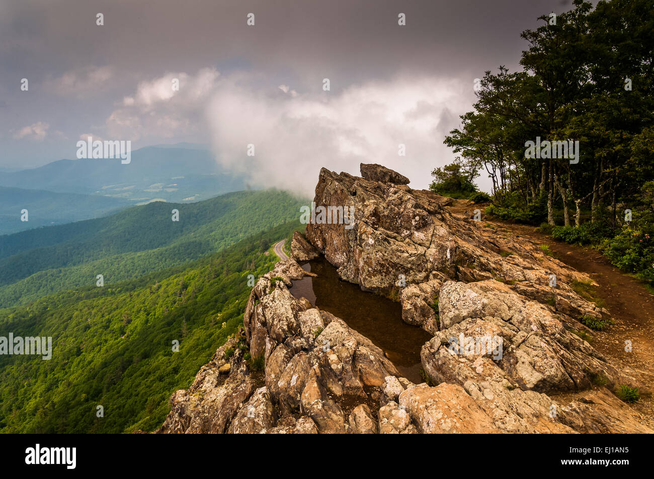 Printemps vue depuis peu nuageux Stony Man Cliffs dans le Parc National Shenandoah, en Virginie. Banque D'Images