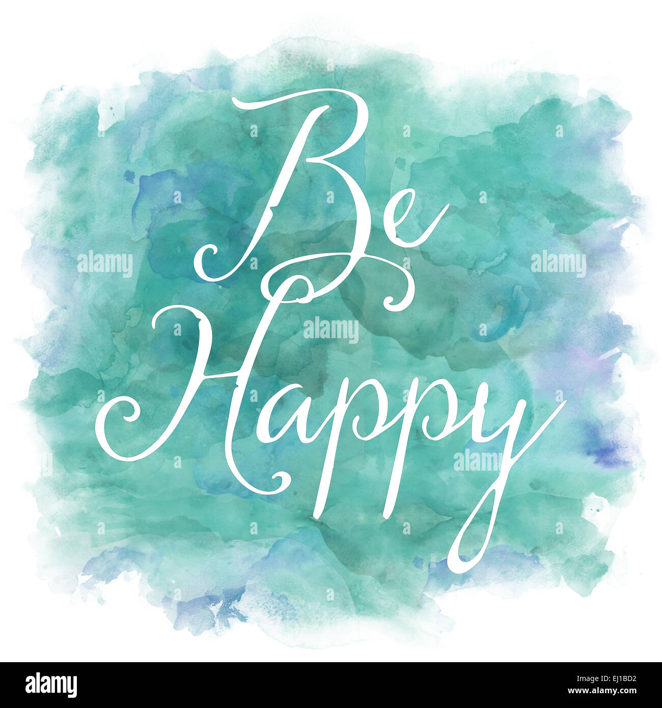 Être heureux vert menthe aqua bleu Aquarelle citation inspirante Banque D'Images