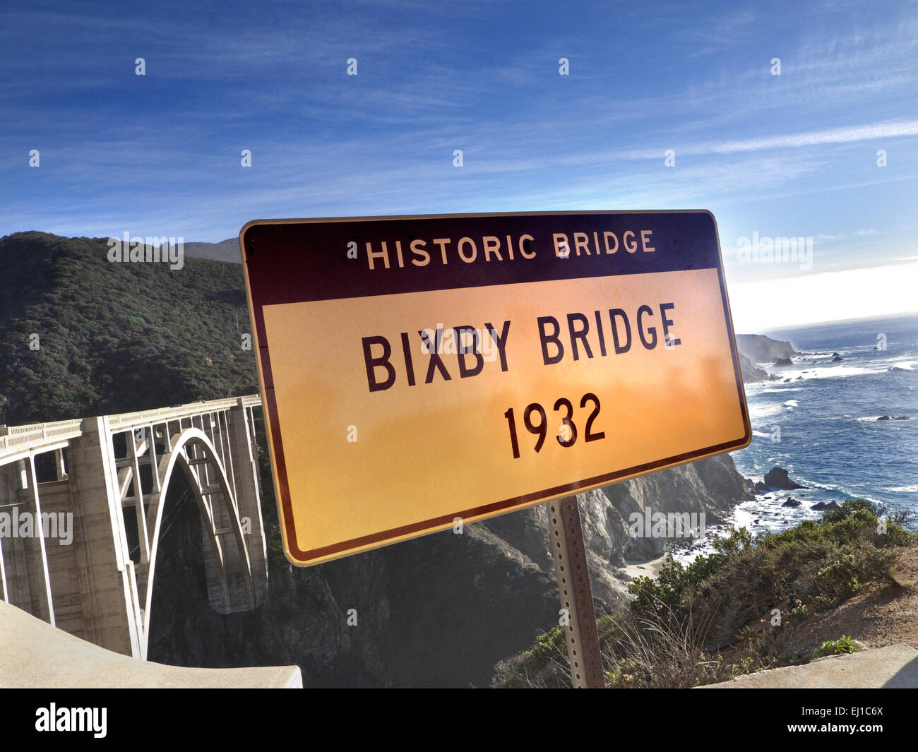 Bixby Bridge signe, à Big Sur, Monterey, Californie, USA Banque D'Images