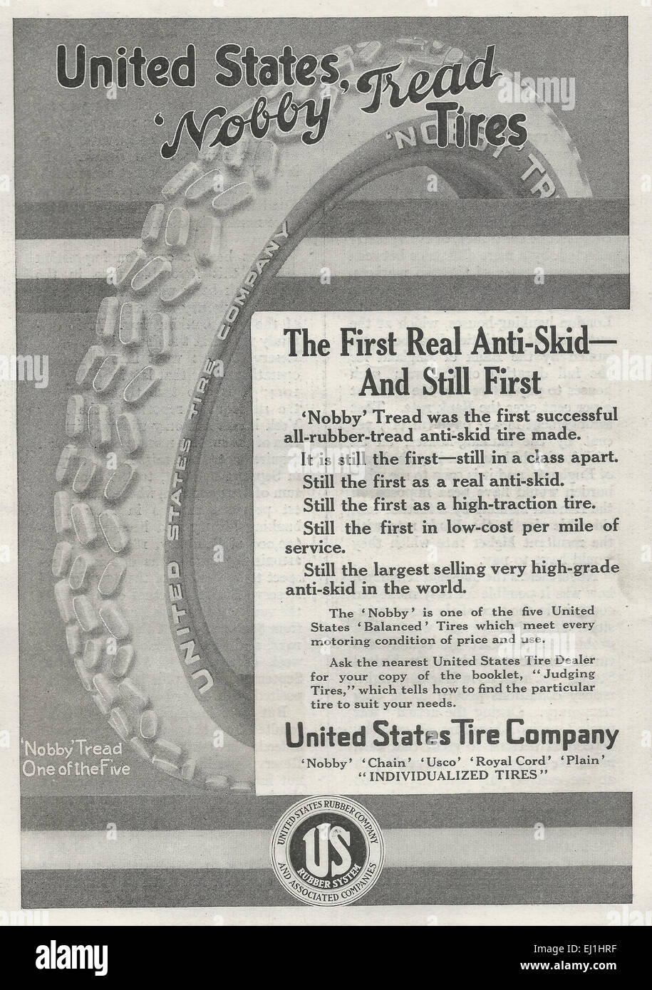 United States Nobby Publicité 1916 Pneus à bande de roulement Banque D'Images