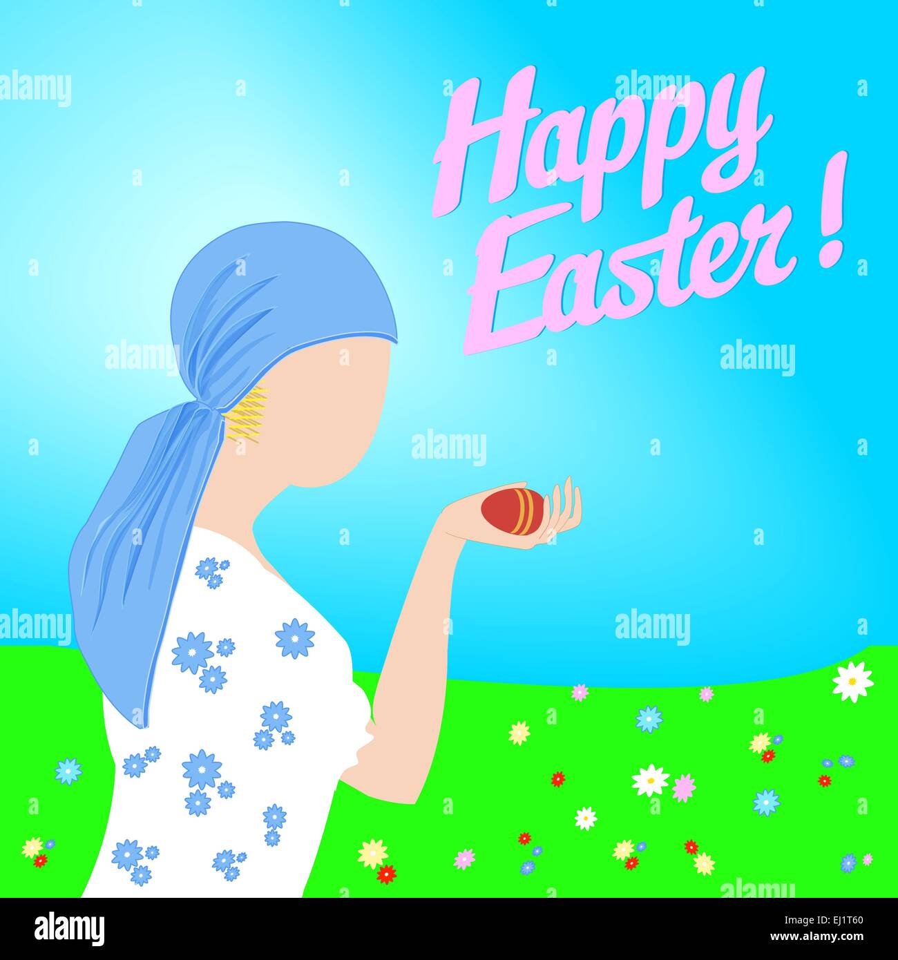 Par une belle journée de printemps ensoleillée est une jeune fille tenant un oeuf de Pâques dans sa main, fleurs a soufflé dans le pré Illustration de Vecteur