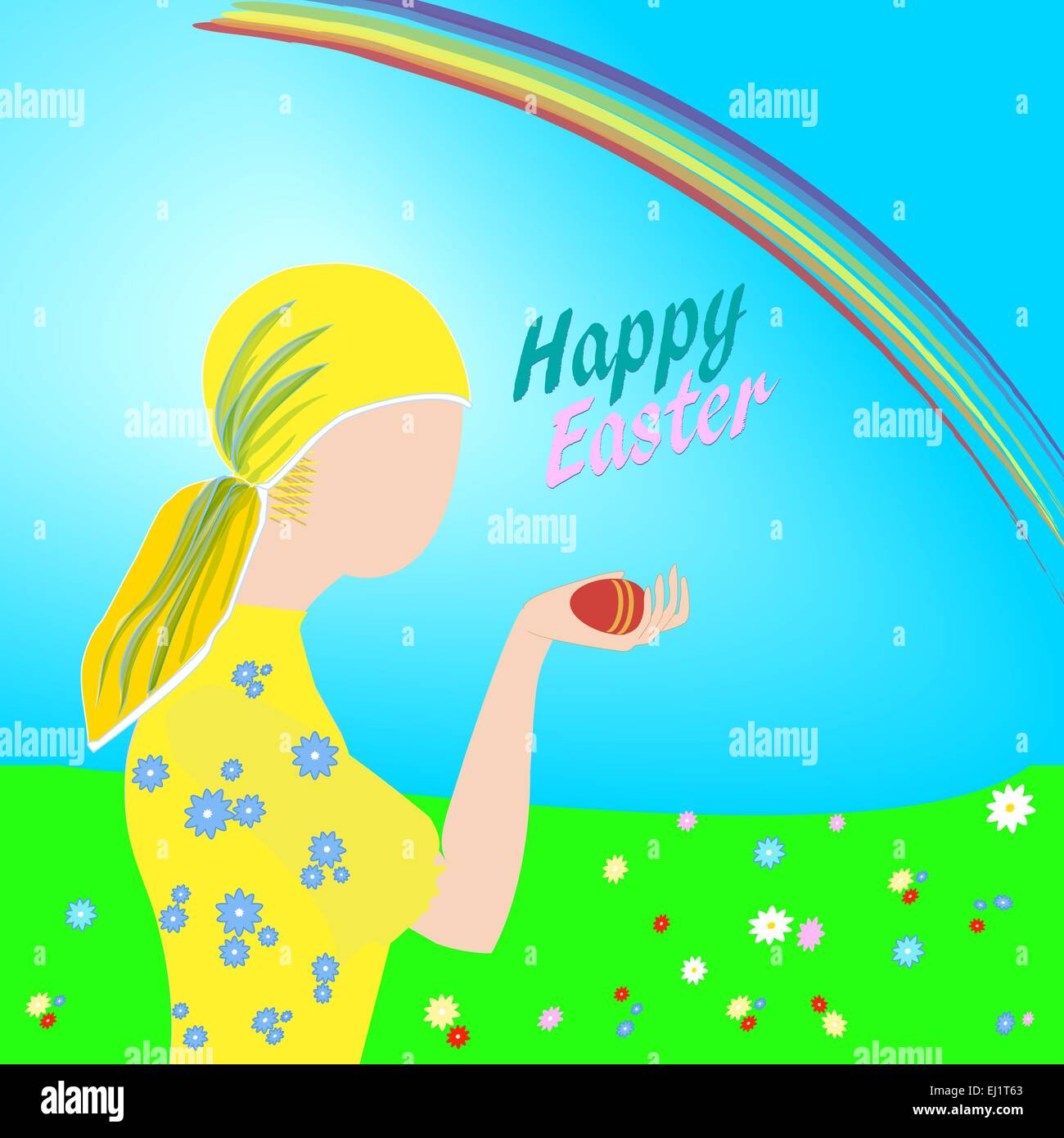 Par une belle journée de printemps ensoleillée est une jeune fille tenant un oeuf de Pâques dans sa main, les fleurs ont soufflé dans la prairie et une couleur arc-en-ciel Illustration de Vecteur