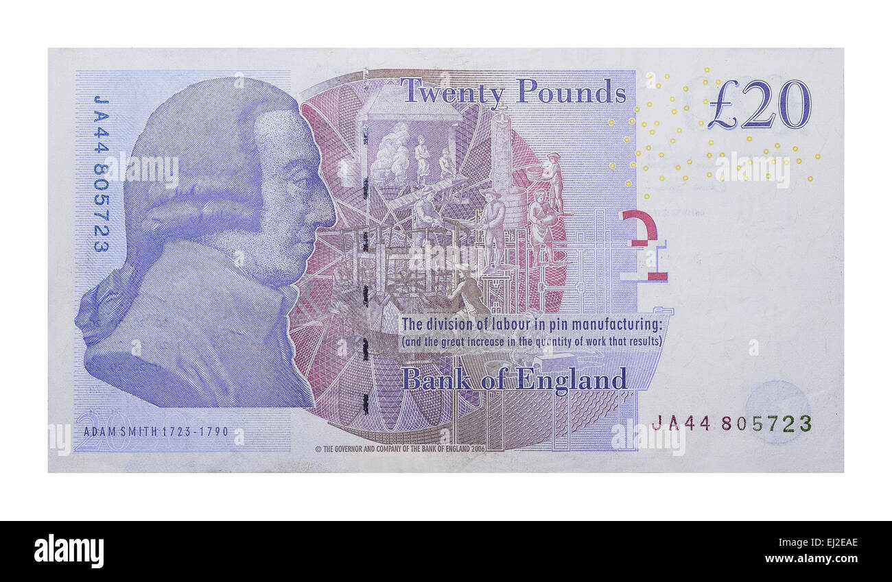Billet de banque 20 livres sterling (verso) Banque D'Images