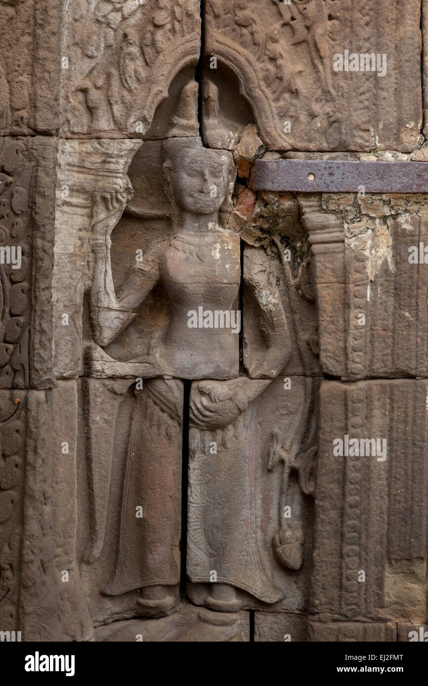 APSARA relief au mur de Banteay Prey Nokor temple à Kampong Cham, Cambodge. Banque D'Images