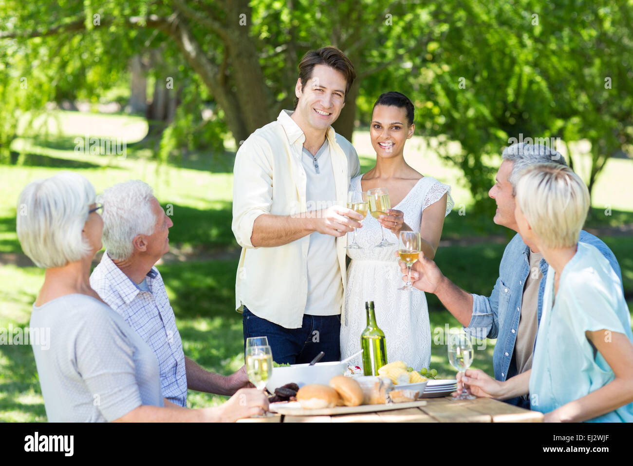 Heureux couple toasting avec leur famille Banque D'Images