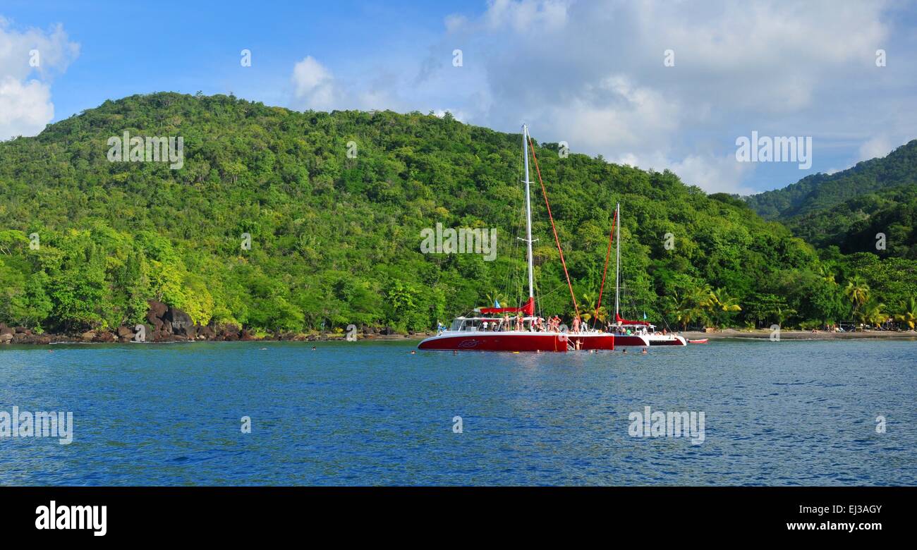 FORT-DE-FRANCE, MARTINIQUE : les touristes de la voile en catamaran luxueux à travers la mer des Caraïbes Banque D'Images