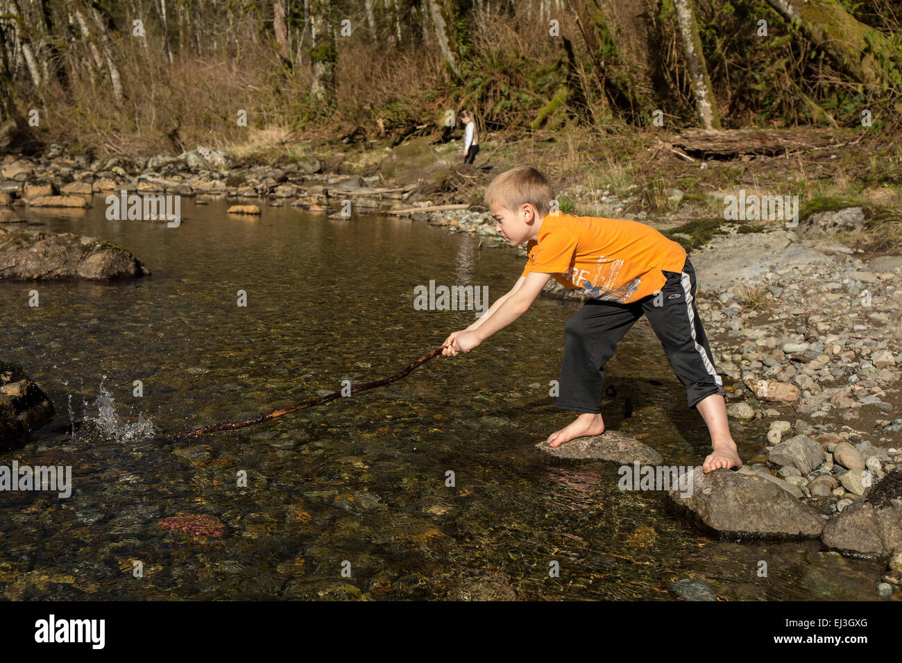 Sept ans, Garçon jouant avec un bâton dans les eaux peu profondes de la rivière Snoqualmie, près de North Bend, Oregon, USA Banque D'Images